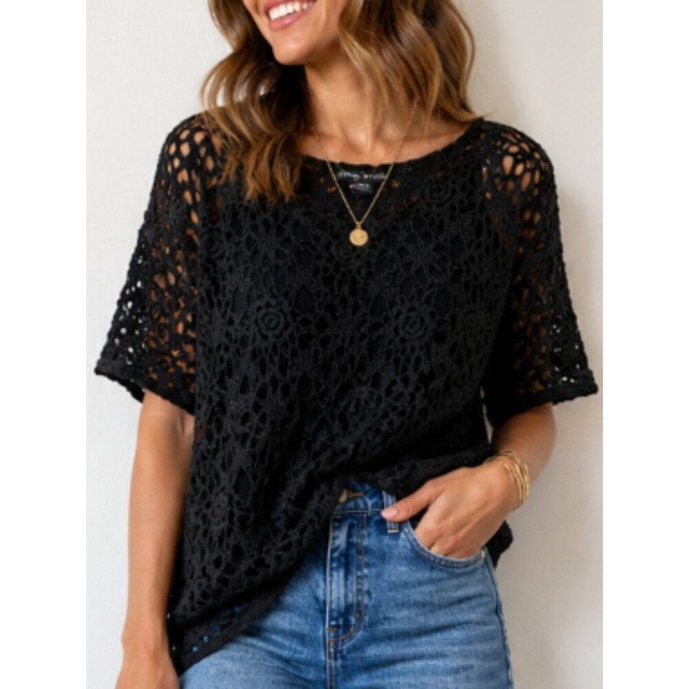 Vintage Ashleigh Morgan Black Floral Crochet Crew Neck Sweater size L